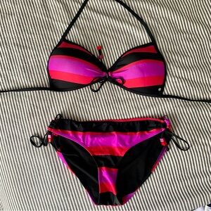 Striped Pink & Black Halter Bikini Set